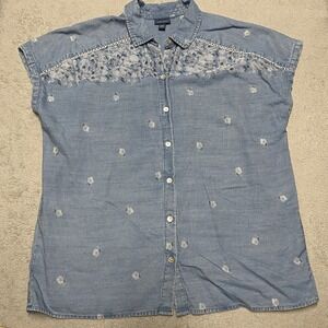 J Jill Champray Top Small Blue Floral Stamp Button Up Cap Sleeve